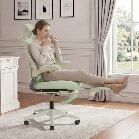 Sedia da ufficio ergonomica pieghevole con poggiatesta 3D, supporto lombare, poggiapiedi, verde (1/5)
