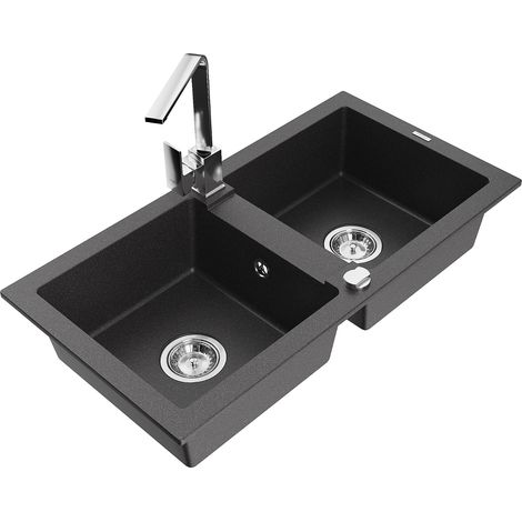 Mexen Mario fregadero de granito de 2 compartimentos con grifo de cocina Rita, negro moteado - 6504-76-670300-00