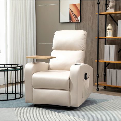 Fauteuil relax 77x93x105 cm beige en acier avec massage, inclinable, repose-pieds et table pivotante (1/4)