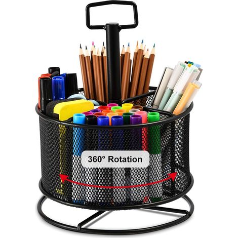 Organiseur de bureau en maille, porte-stylo rotatif à 360 degrés, organiseur de bureau à 4 compartiments