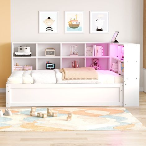 Lit banquette 90x200 cm bois massif blanc avec rangements, multiprise, bande led et système hydraulique (1/5)