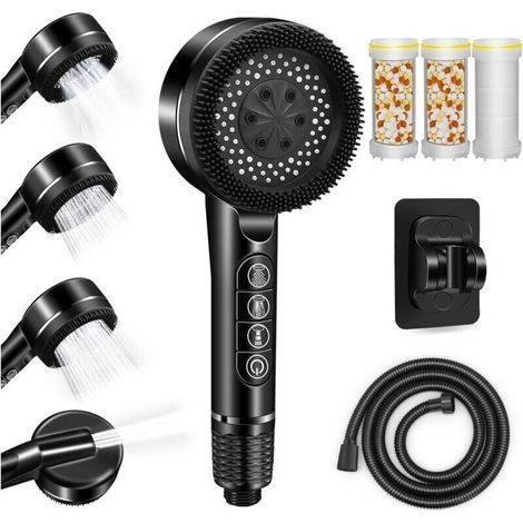 Pommeau Douche Haute Pression,Pommeau De Douche Anti Calcaire,4 Types de Jets Douchette Douche Salle de Bain,15 Étapes Filtre2 et Tuyau 1,5M,Support, Shower Head avec Bouton D'arrêt D'eau,Gris