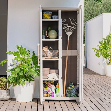 Dmora – Armoire de jardin 8 étagères – Résistante aux intempéries – Dimensions 45x80x180 cm – Finition marron sable – Fabriquée en Italie