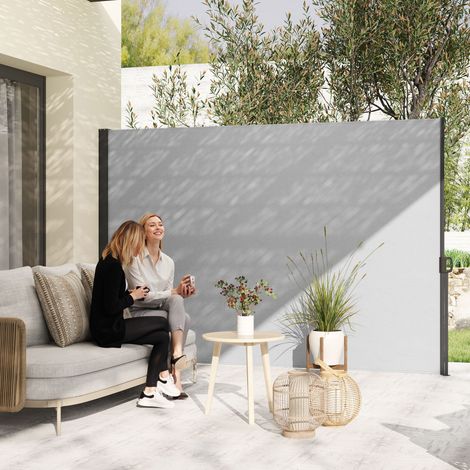 Store latéral Brise-Vue paravent rétractable dim. 3L x 1.8H m alu. Polyester Anti-UV Haute densité 180 g/m² gris clair