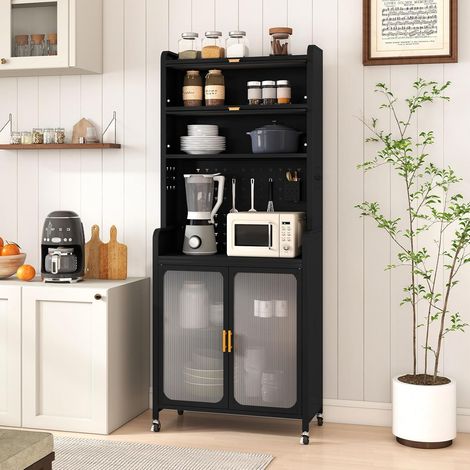 GOPLUS Buffet Haut Salle a Manger à 6 Niveaux avec roulettes, Bahut Haut Cuisine pour Micro-Ondes,Cadre Métal, Étagères Ajustables et Portes Cannelées-Meuble Rangement Idéal pour Salon, 79X37X192 CM (1/5)