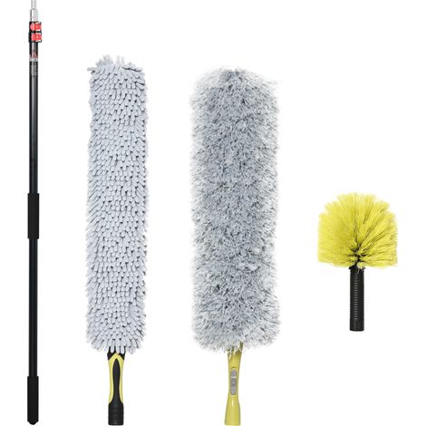 Kit de nettoyage pour la maison et le bureau avec manche extensible, plumeau à toiles d'araignée, plumeau en microfibre et plumeau pour ventilateur de plafond, jaune et gris