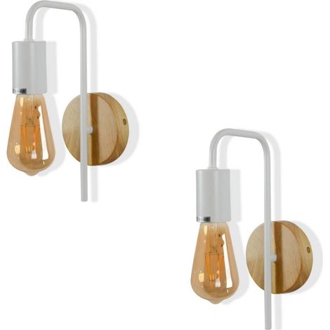 Pack de 2 appliques murales avec base en bois et métal blanc, nordique E27
