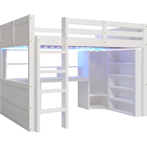 Cama alta infantil 140x200 cm blanca con LED, escritorio, armario y almacenaje (1/5)