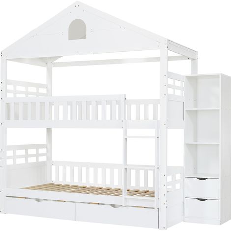 Kinder-Etagenbett 90 x 200 cm Weiß mit Stauraum, 2 Schubladen und Leiter HOMVRA (1/5)