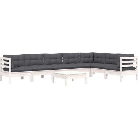 vidaXL Set Divani da Giardino 8 pz con Cuscini Bianchi Legno di Pino (1/4)