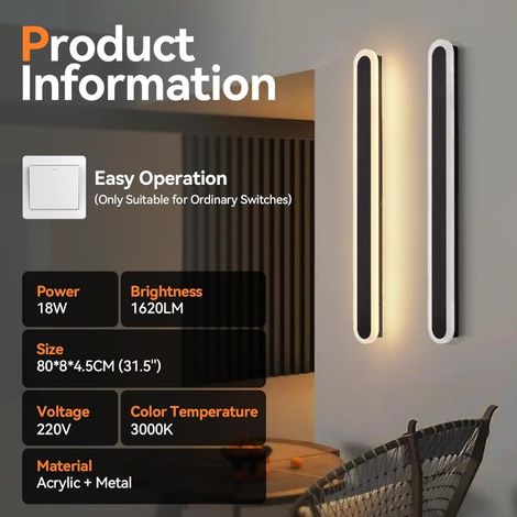 Applique murale d'extérieur LED en aluminium et acrylique, étanche IP67, 3 000 K, câblée, pour jardin, cour, villa, porche, couloir, garage, 80 cm (SKU produit : 96666169  SKU Offre : mkh25.7.16-18) (1/3)
