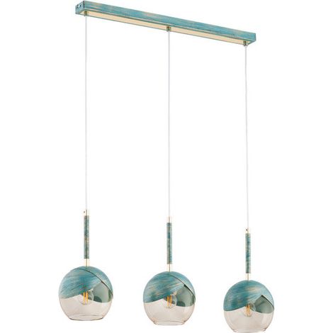 Alfa PRADA Elongated Pendant Ceiling Light 3xE27, 3 Turquoise/Mint Glass Globe Shades with Gold Accents, Modern Metal Bar Chandelier, 70cm length, 85cm height, Dimmable