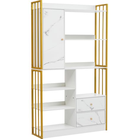 Bibliothèque à 6 étagères avec portes et tiroirs, structure acier, finition blanche marbrée et cadre doré (1/5)