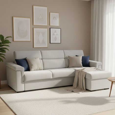 Sofá cama con chaise longue, desenfundable, almacenamiento Hecho en Italia, repelente al agua, multiposición, convertible en cama (1/5)
