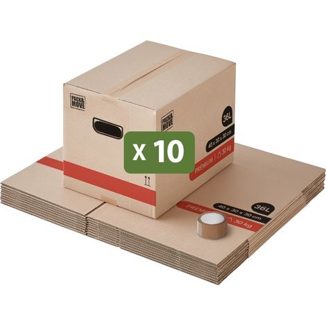 Pack and Move - Lot 10 Cartons Déménagement Livres Premium - 40 X 30 X 30 Cm - Extrême Résistance 30 KG - Poignées Renforcées - 1 Adhésif Offert