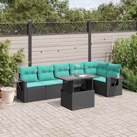 7-teiliges Gartensofa-Set mit Kissen, schwarzes Polyrattan (1/5)