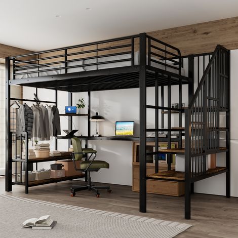 Cama alta 251.5x125x170 cm, con escalera lateral con pasamanos, puerto de carga, perchero, metal y madera, negro y nogal oscuro (1/5)