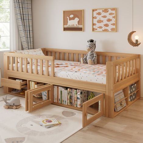 REDOM - Lit enfant 90x200 avec rangement, avec barrière de sécurité, bois Naturel (Sans matelas) (1/5)