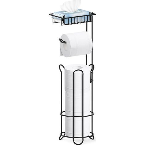 Porte Papier Toilette sur Pied Amovible Debout Noir, Distributeur de 3 Rouleaux avec Support pour Lingettes, Humides Distributeur de Papier Toilette en Métal de Salle de Bain (1/4)