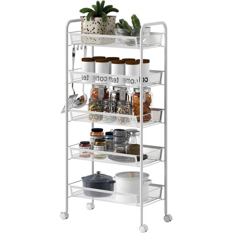 Carro de almacenamiento de 5 niveles 45 x 26.5 x 106 cm cestas extraíbles ruedas giratorias diseño moderno y elegante de acero blanco 210005791 (1/5)