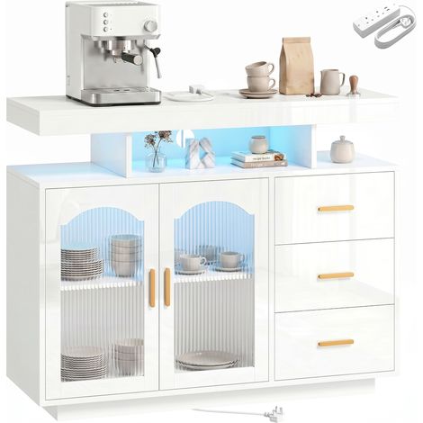 HOMCOM High Gloss Sideboard with LED Lights, Power Outlets, Drawers, White (1/5)
