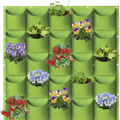 Green Hanging Planter Bags, 25 Pockets Vertical Wall Mounted Gardening Planting Bags Plant Storage Bags (1m×1m) (1/5)