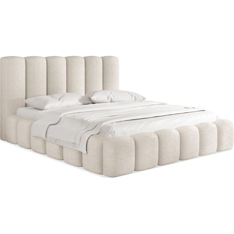 Polsterbett 140x200 mit Bettkasten und Lattenrost – Weiß Bett mit hohem Kopfteil, Boucle oder Samt Stoff - Modernes Doppelbett mit Stauraum – Bettgestell, ohne Matratze – Serenity - Weiß