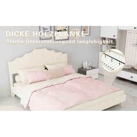 Lit double beige 160 x 200 cm avec tête de lit rembourrée douce, cadre bas et matelas inclus pour chambre et suite (1/5)