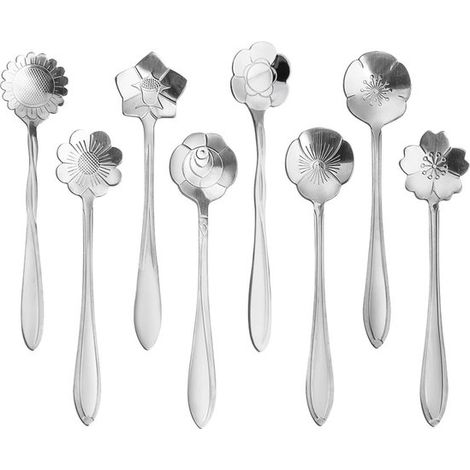 Juego de 8 cucharas florales, Cucharilla de acero inoxidable reutilizable, pasteles, postres y helados, Para la cocina, cafetería o bar, Plateado (1/5)