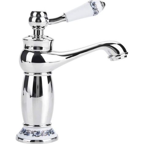 (Chrome) Mixer Tap Basin Faucet Brass Ceramic Sink Faucet Black and White Porcelain Long Neck Vintage Floral with Inlet Cold/Hot Water Tap Kitchen Bathroom (1/5)