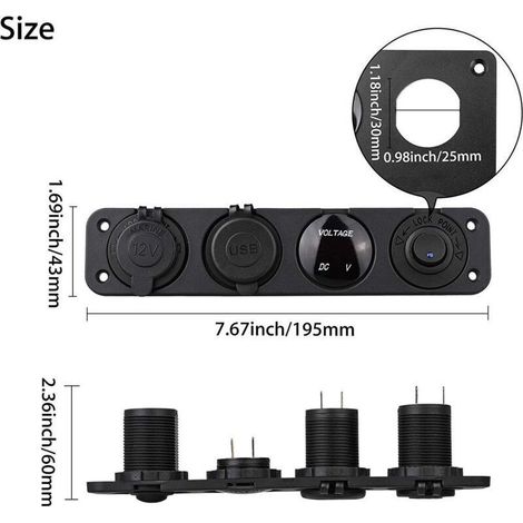 Panneau de prise de chargeur 4 en 1 12V – 2 ports USB 4.2A – Voltmètre LED – Interrupteur à bascule pour véhicules