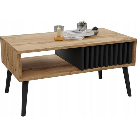 Table basse scandinave, à lamelles, en chêne, finition wotan/noir, style loft avec étagère (1/5)