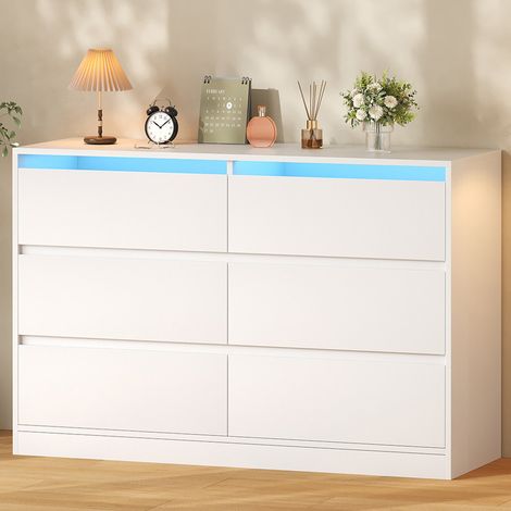 Commode chambre 6 tiroirs, armoire de rangement, meuble à vêtements, avec éclairage LED, 108x40x75 cm, blanc