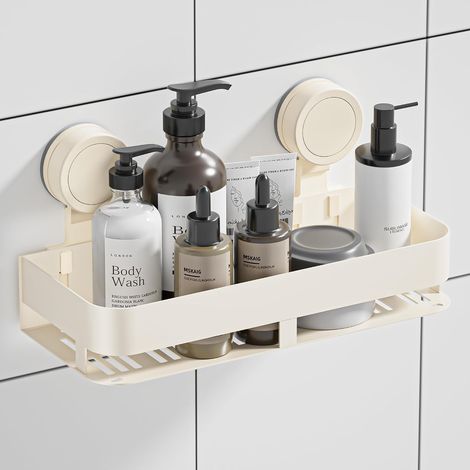 Étagère Douche Ventouse, Etagere Salle de Bain sans Perçage, Blanc Ventouses TPE, lavables & réutilisables, charge 10 kg, antirouille,fond perforé, zéro moisissure, sans traces, idéal location (1/5)