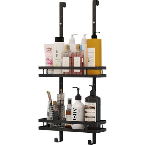 2 Étagères de douche sans perçage, acier inoxydable, double niveau, fixation ventouse et vis, salle de bain (1/5)