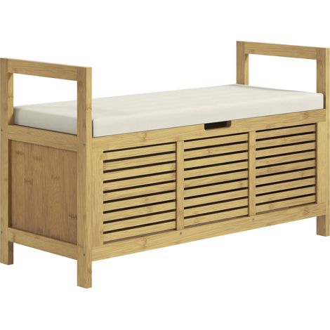 Banc porte-chaussures d'entrée en bambou à lattes avec abattant, 100 x 40 x 60 cm