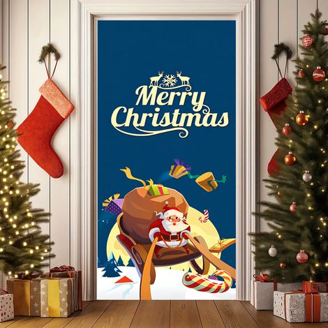 Nouvelle décoration de porte de Noël, motif Père Noël pour jardin, cour ou extérieur - 90 x 180 cm (perforée + ruban) - 44