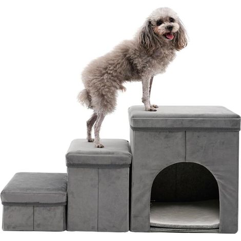 Scaletta a tre gradini per cani di piccola taglia, con vano contenitore per cuccia o divano, alta 40 cm, scaletta per gatti anziani, in spugna, grigio e blu (1/4)