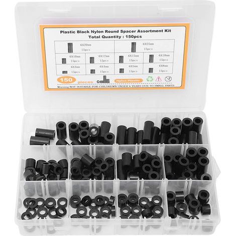 Assortment of round plastic nylon screw spacers, black spacer kit, 150 pieces (1/5)