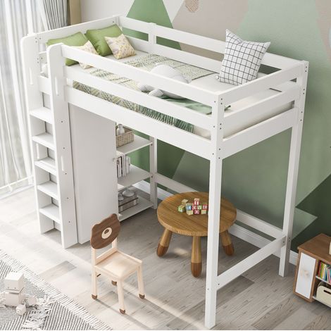 Lit enfant surélevé 90x200 avec armoire blanc OKMYHOME (1/5)