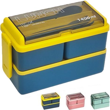 Lunchbox – Bento-Box 1400 ml – Für Erwachsene und Kinder – Lunchbox mit Fächern und Besteck – Kunststoff – Mikrowellengeeignet – Auslaufsicher – Blau