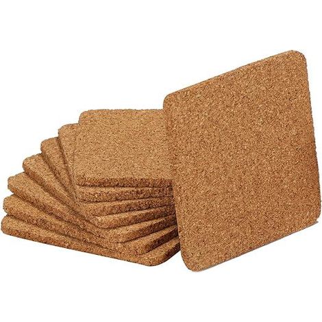 Lot de 8 dessous de verre en liège carrés - Protège-table pour boissons, set de 8 pièces, rondelles en liège naturel, 10 cm, antidérapant (1/5)
