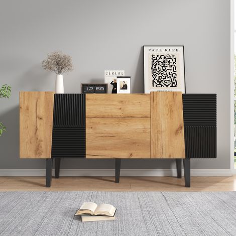 TV-Board 140cm Holzoptik Fernsehtisch für 60 Zoll TV, Modernes Sideboard Eiche mit Massivholzbeinen & Push-to-Open Schubladen, TV-Schrank 80kg