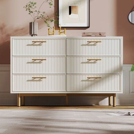 Commode à 6 tiroirs 120x40x75 cm blanche en panneau de particules et métal avec façade rainurée et pieds réglables (1/5)