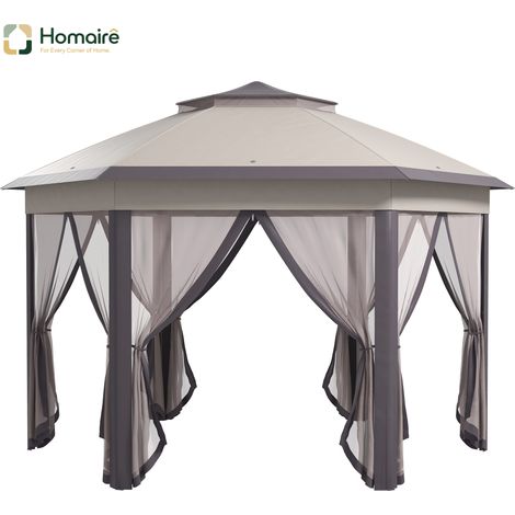 HOMAIRE Gartenpavillon Faltpavillon 4x4m Pop-Up-Zelt Partyzelt mit Tragetasche, 6 Seitenteilen und Doppeldach sechseckig in Kaffee und Beige
