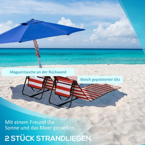 Transat de plage inclinable, dossier ajustable, poche latérale, coussin moelleux, armature en métal, rouge, 142 x 51 x 40 cm
