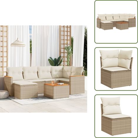 7-tlg. Garten-Sofagarnitur mit Kissen Beige Poly Rattan - Gartenmöbel Set - Esszimmergarnitur - Outdoor Lounge - Rattan Gartenmöbel - Balkonmöbel (1/5)