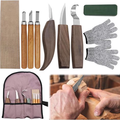Wood Carving Tools Pack, 10PCS Outils Sculpture Sur Bois, Kit d'Outils de Sculpture Sur Bois 10 en 1, avec 6 Couteaux de Sculpture, gants Résistants Aux Coupures, pour Débutants/Professionnels (1/5)