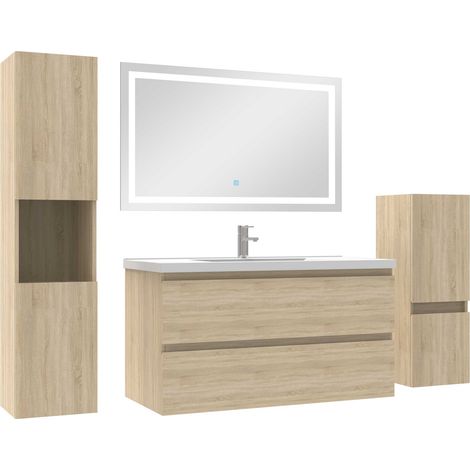 Acezanble – Ensemble de meubles de salle de bain 100cm – meuble sous-vasque avec 2 tiroirs – miroir LED anti-buée – colonne de rangement chêne wotan
