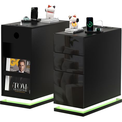 Comodino moderno Haloyo® a 3 cassetti con luci a LED, comodino con multipresa, per soggiorno, camera da letto, 50x30x63 cm, nero (1/5)